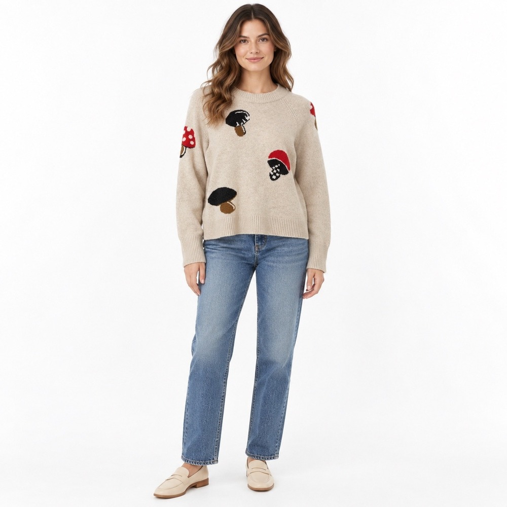 Madewell Mushroom Intarsia Wool Sweater M Heather Fog Cottagecore Cropped